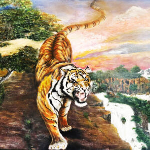King of the Wild 2022 original tiger oil painting in a dramatic wilderness landscape by Art By Nam