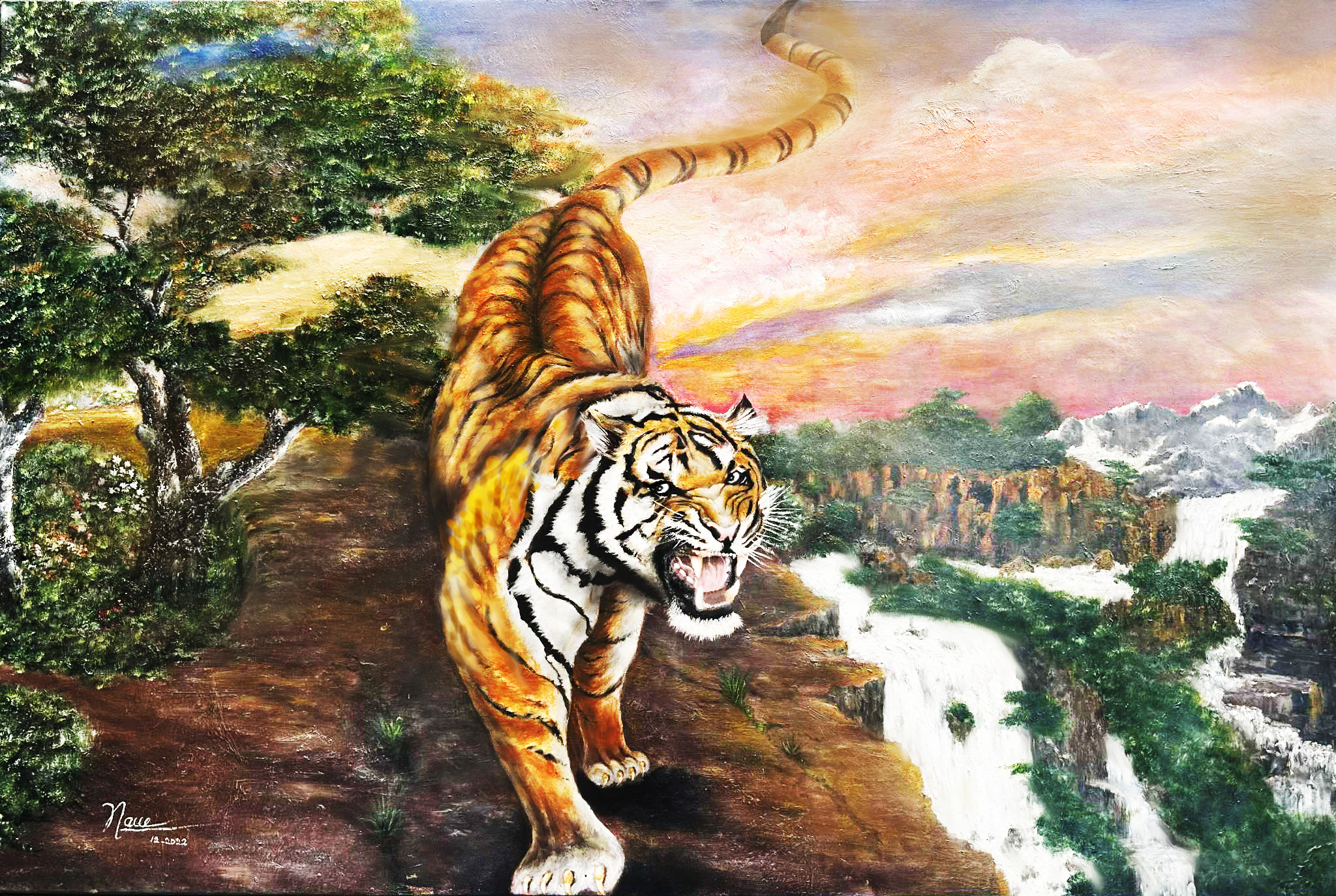 King of the Wild 2022 original tiger oil painting in a dramatic wilderness landscape by Art By Nam