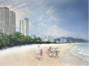Gallery featured image showing My Khe Beach in Da Nang, Vietnam, with families enjoying the shoreline, city skyline, palm trees, mountains, and ocean waves. Oil painting of My Khe Beach in Da Nang, Vietnam, featuring families enjoying the shoreline with the city skyline, palm trees, mountains, and the South China Sea under a bright sky.