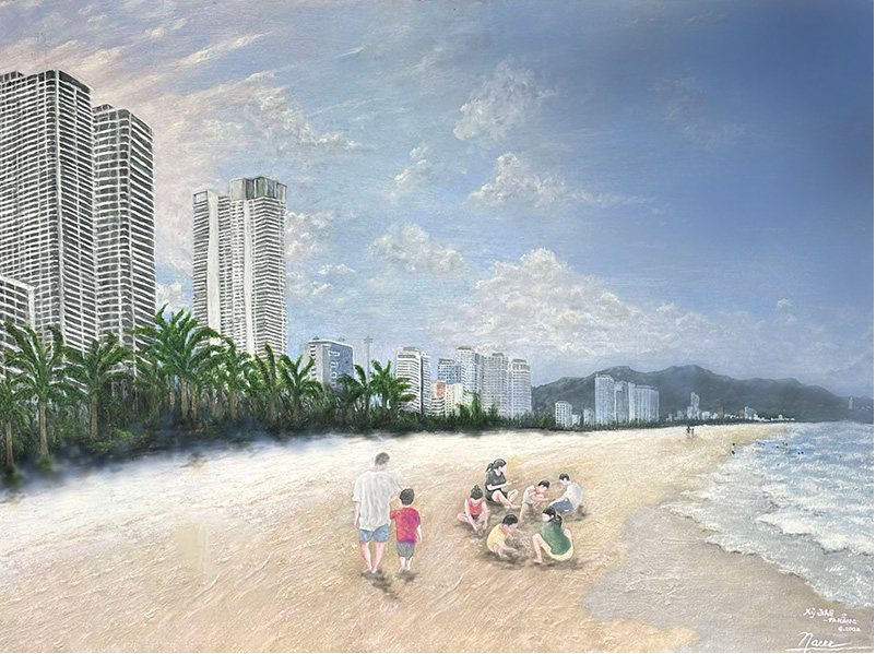 Gallery featured image showing My Khe Beach in Da Nang, Vietnam, with families enjoying the shoreline, city skyline, palm trees, mountains, and ocean waves. Oil painting of My Khe Beach in Da Nang, Vietnam, featuring families enjoying the shoreline with the city skyline, palm trees, mountains, and the South China Sea under a bright sky.