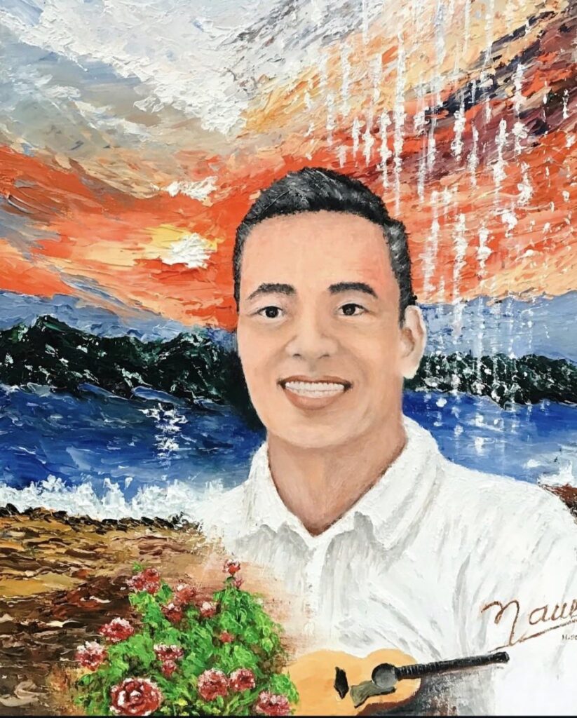 Original oil paintings, Self-portrait oil painting of Vietnamese artist Nam Hoang Kim by the sea at sunset