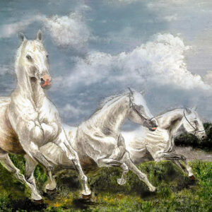 Run Away 2016 original oil painting of three white horses running across an open landscape by Art By Nam