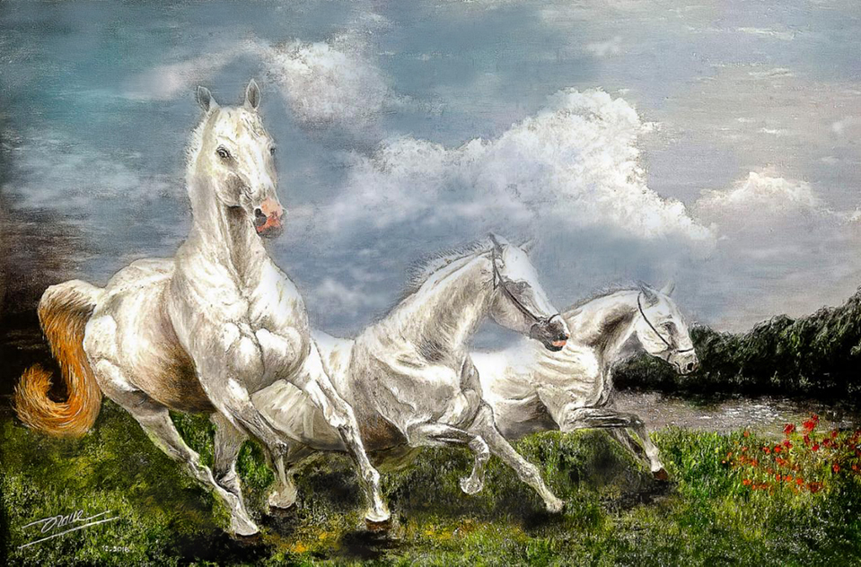 Run Away 2016 original oil painting of three white horses running across an open landscape by Art By Nam