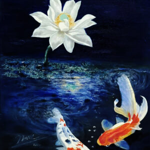Whispers of the Lotus 2013 original oil painting featuring koi fish beneath a white lotus by Art By Nam