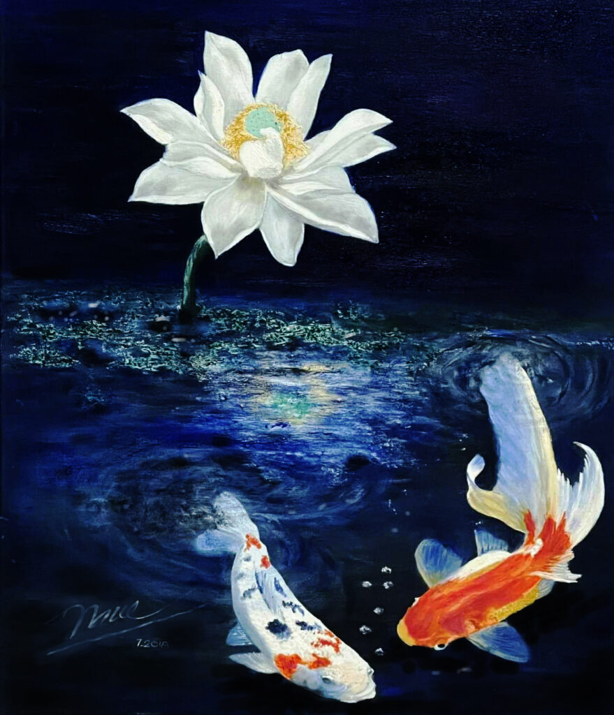 Whispers of the Lotus 2013 original oil painting featuring koi fish beneath a white lotus by Art By Nam
