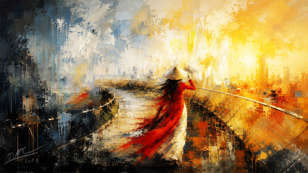Beyond Goodbye abstract digital painting of a woman in a red áo dài walking toward the light across a bridge by Nam Hoang