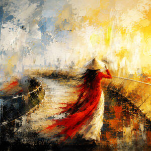 Beyond Goodbye abstract digital painting of a woman in a red áo dài walking toward the light across a bridge by Nam Hoang